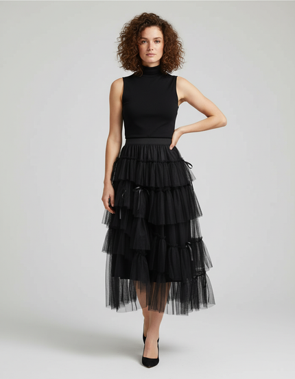 Jupe Longue Tulle Noir Chic À Volants