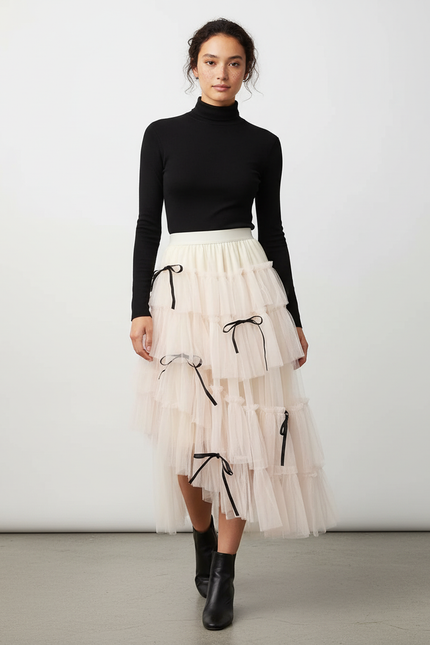 Jupe Longue Tulle Écru Volants Chic