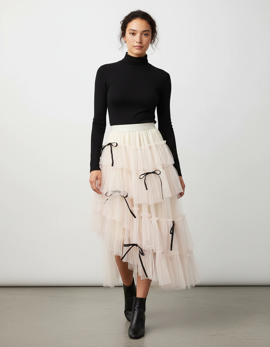 Jupe Longue Tulle Écru Volants Chic