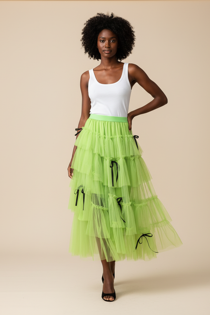 Jupe Longue Vert Anis Volants Chic