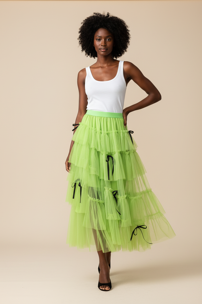 Jupe Longue Vert Anis Volants Chic