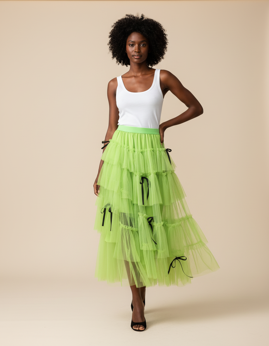 Jupe Longue Vert Anis Volants Chic