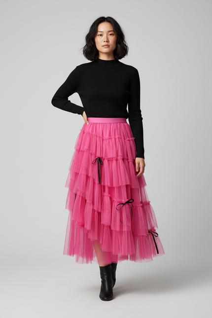 Jupe Longue Rose Fuchsia À Volants Fête