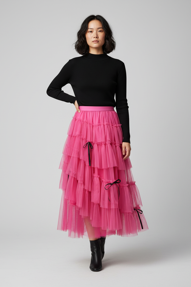 Jupe Longue Rose Fuchsia À Volants Fête
