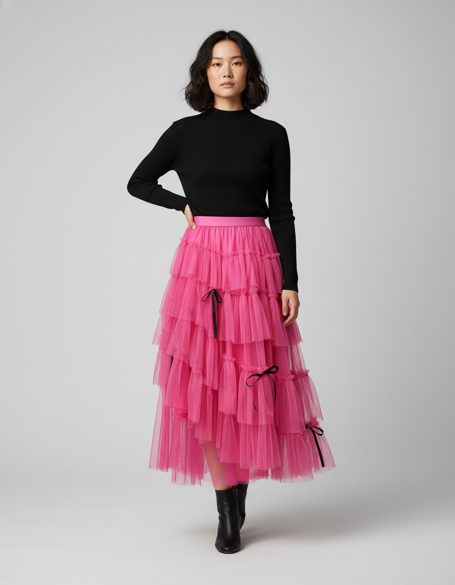 Jupe Longue Rose Fuchsia À Volants Fête