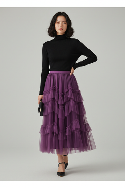 Jupe Longue Élégante Tulle Violette À Volants