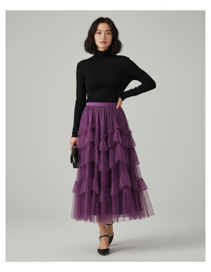 Jupe Longue Élégante Tulle Violette À Volants