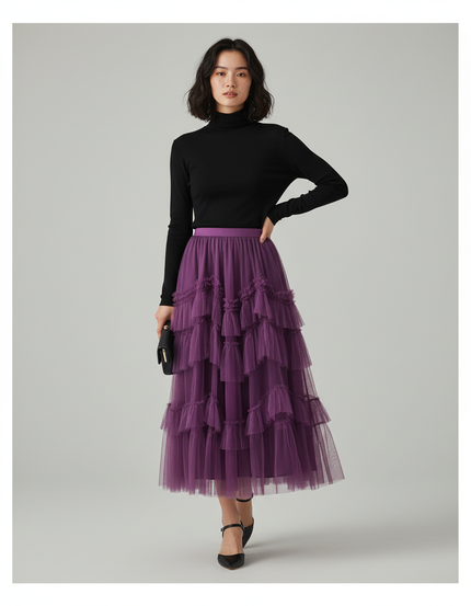 Jupe Longue Élégante Tulle Violette À Volants