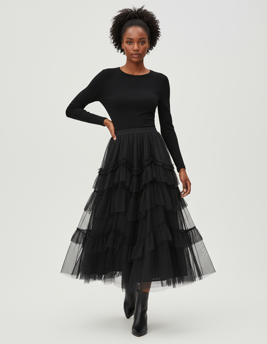 Jupe Longue Tulle Volants Élégante
