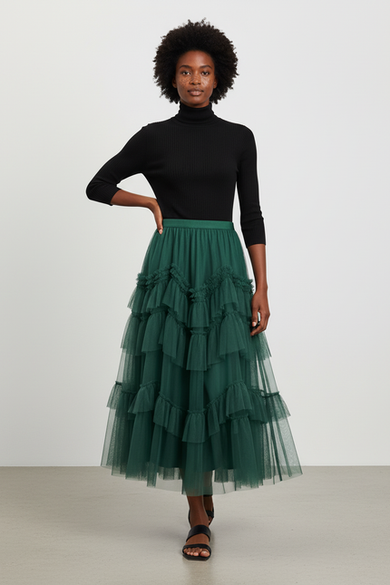 Jupe Longue Vert Émeraude Tulle Volants Élégante