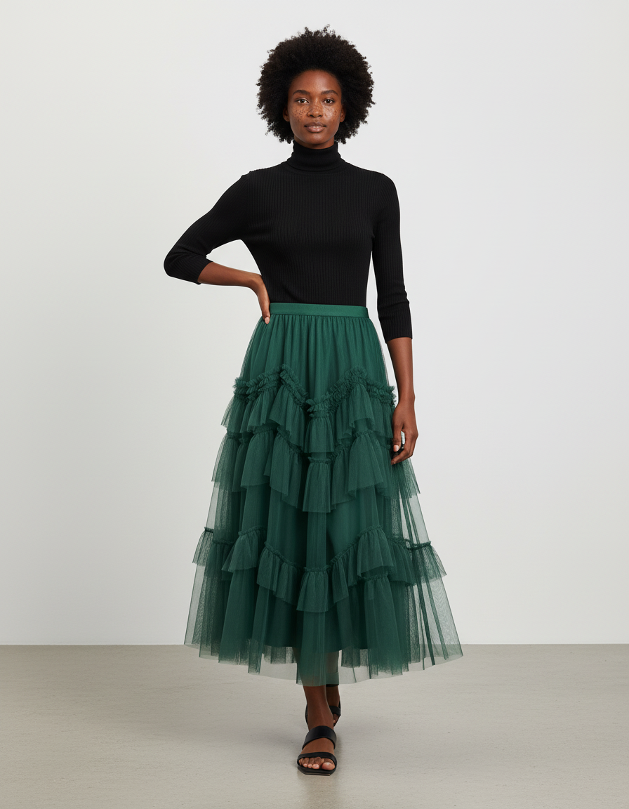 Jupe Longue Vert Émeraude Tulle Volants Élégante