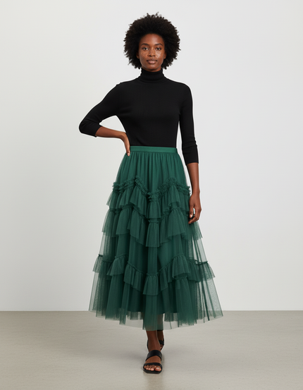 Jupe Longue Vert Émeraude Tulle Volants Élégante