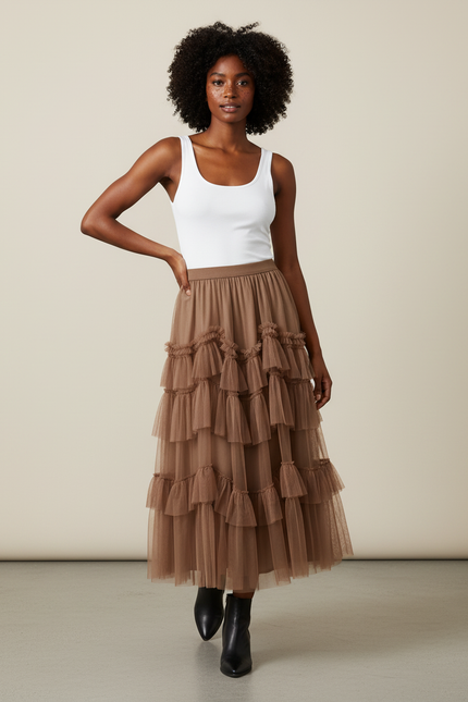 Jupe Longue Tulle À Volants Élégante Chic