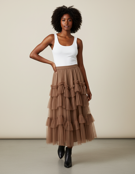 Jupe Longue Tulle À Volants Élégante Chic