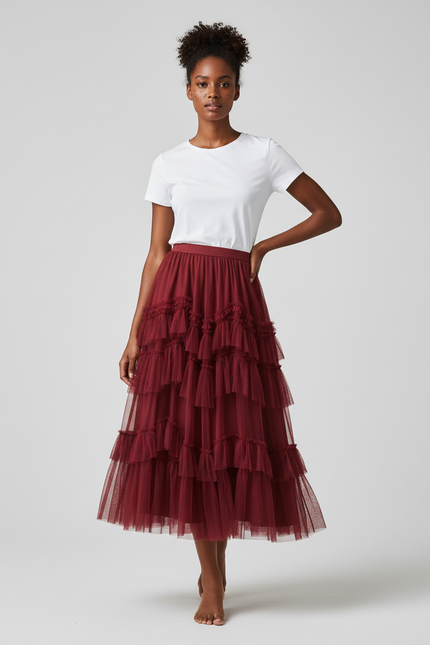 Jupe Longue Bordeaux Volants Élégante