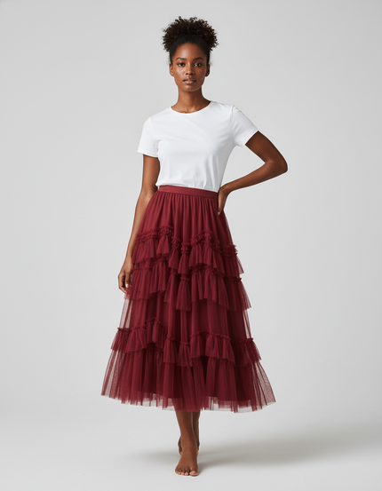 Jupe Longue Bordeaux Volants Élégante