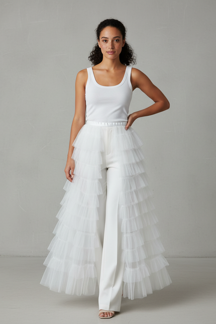 Jupe Longue Blanche Volants Tulle Élégante