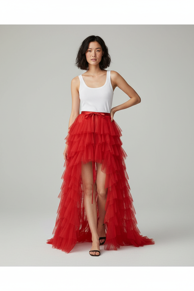 Jupe Longue Rouge Volants Élégante