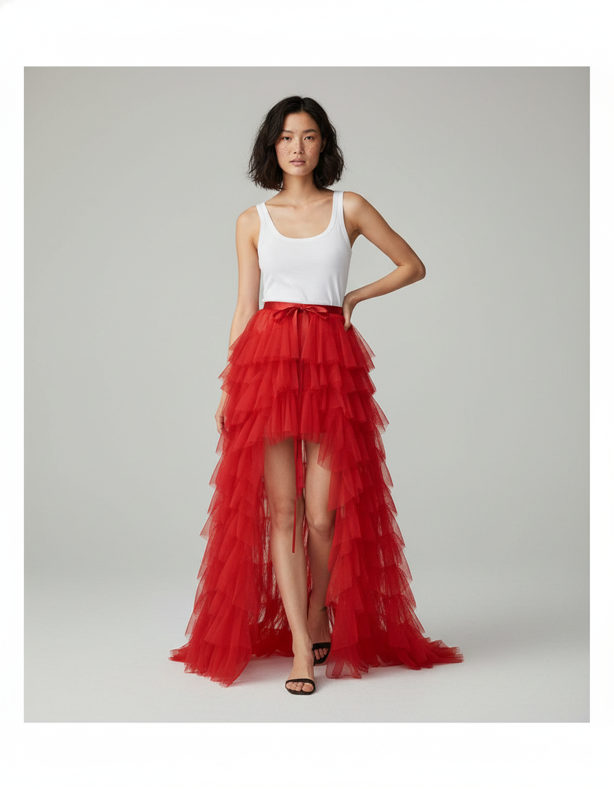 Jupe Longue Rouge Volants Élégante