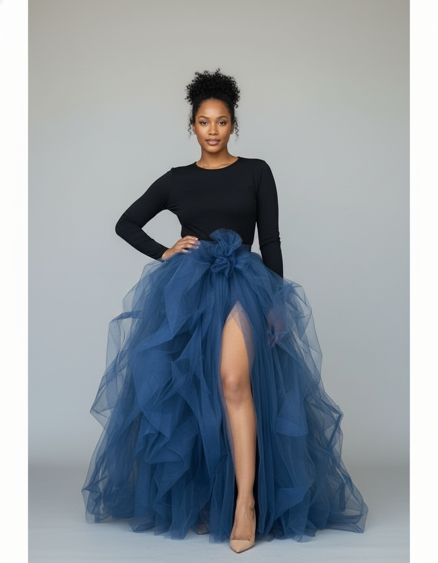 Jupe Longue Bleu Marine Tulle Élégante