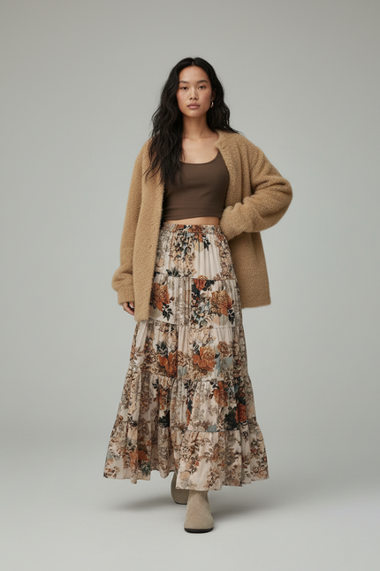 Jupe Longue Florale Étagée Fluide