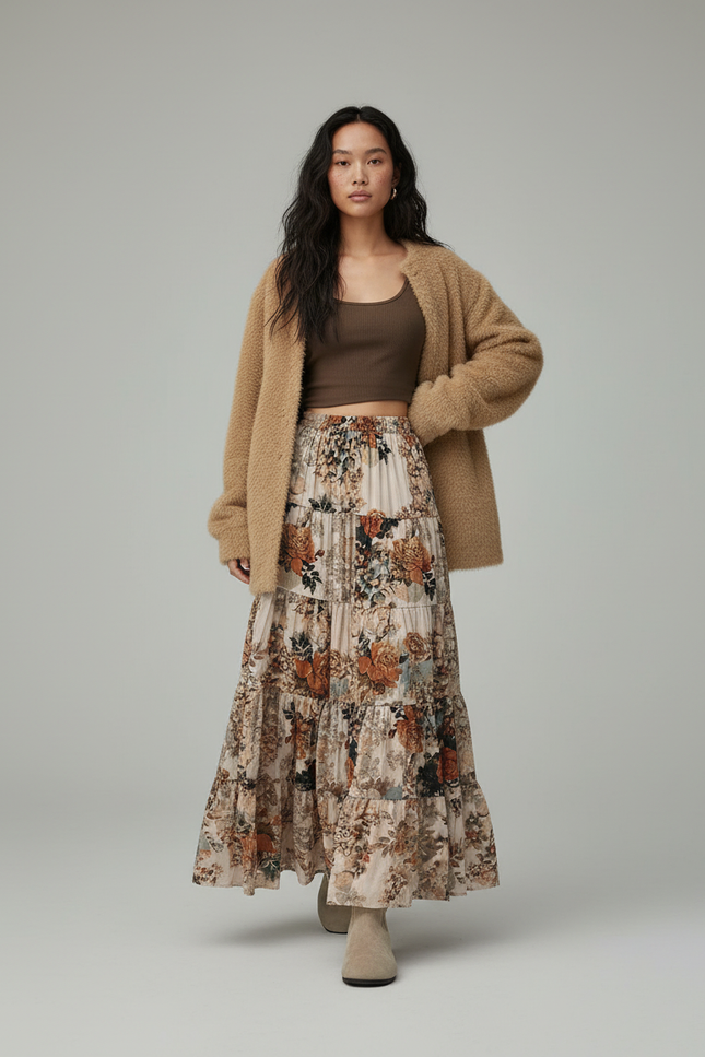 Jupe Longue Florale Étagée Fluide