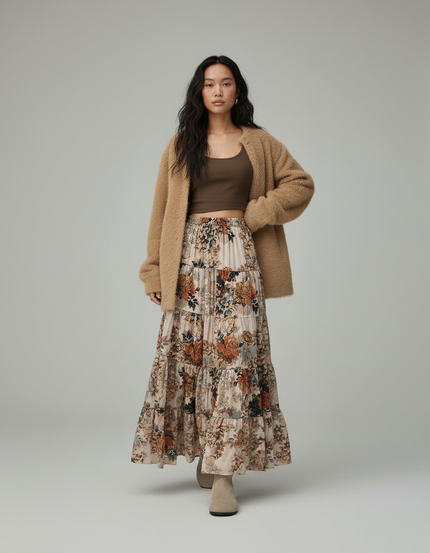 Jupe Longue Florale Étagée Fluide