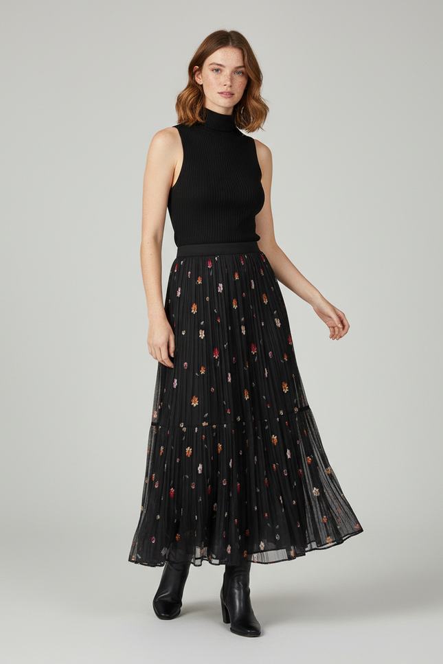 Jupe Longue Noire Florale Plissée