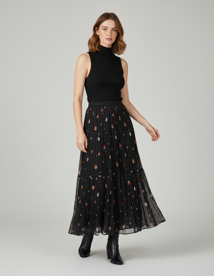 Jupe Longue Noire Florale Plissée