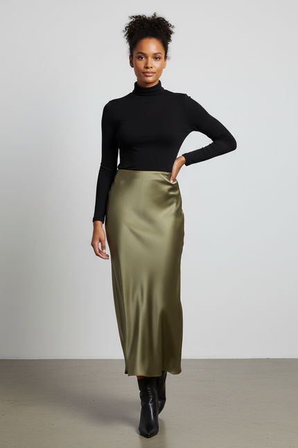 Jupe Longue Satin Kaki