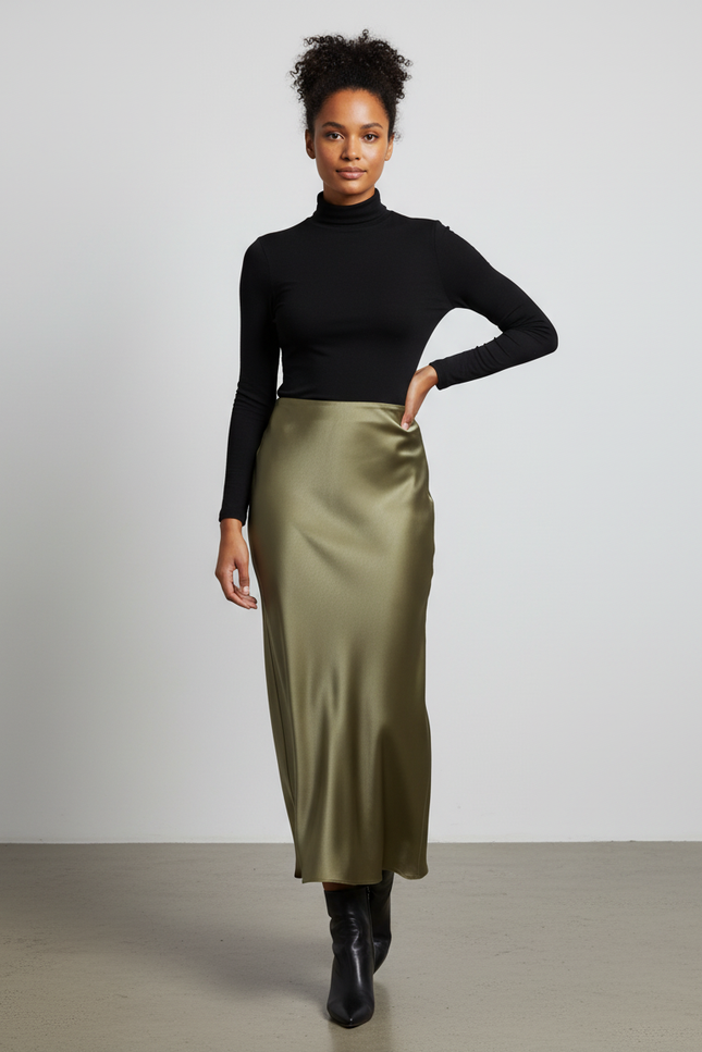 Jupe Longue Satin Kaki