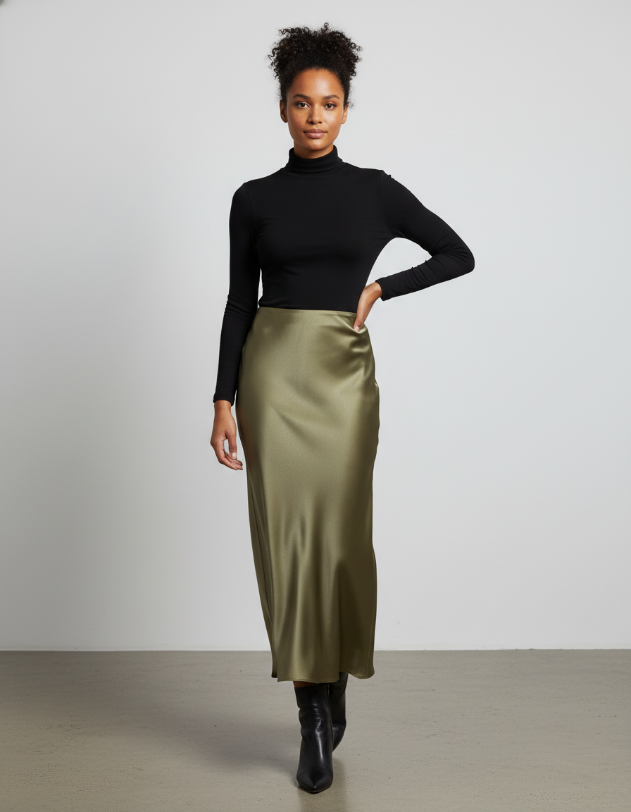 Jupe Longue Satin Kaki