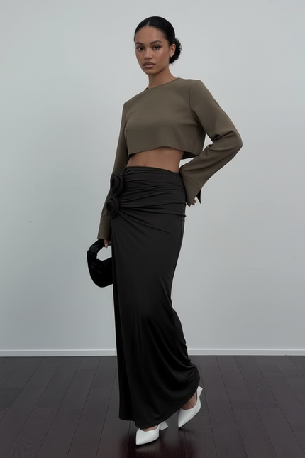 Jupe Longue Noire Froncée Fleurs Chic