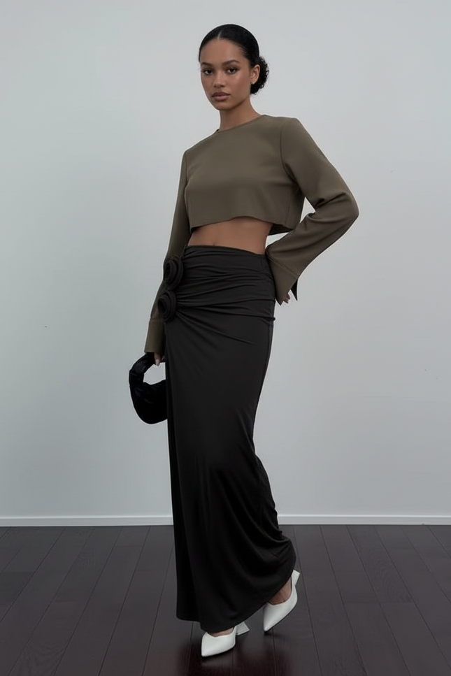 Jupe Longue Noire Froncée Fleurs Chic