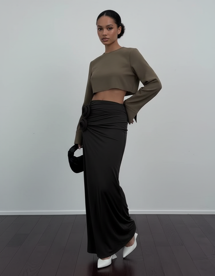 Jupe Longue Noire Froncée Fleurs Chic