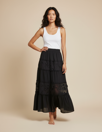 Jupe Longue Noire Brodée Élégante