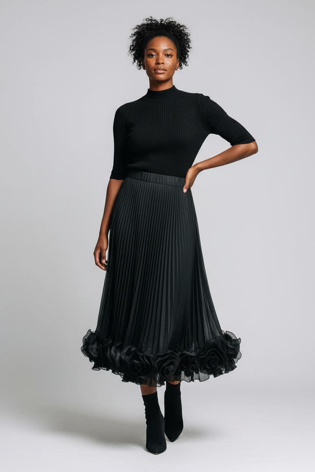 Jupe Longue Plissée Fleurs 3D Élégante