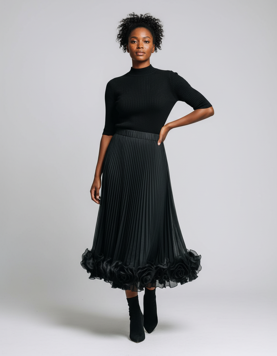 Jupe Longue Plissée Fleurs 3D Élégante