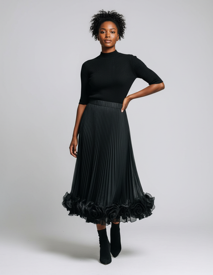 Jupe Longue Plissée Fleurs 3D Élégante