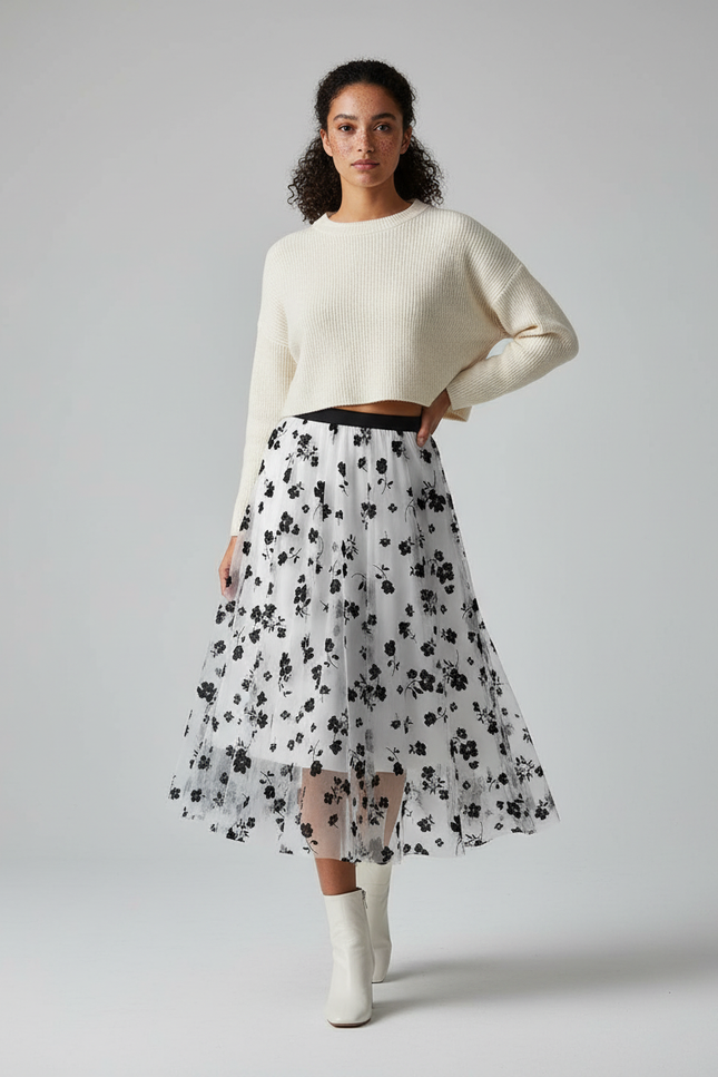 Jupe Longue Fleurie Noir Et Blanc