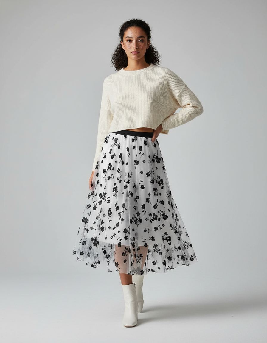 Jupe Longue Fleurie Noir Et Blanc