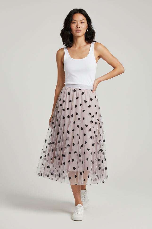 Jupe Longue Tulle Cœurs Plissée