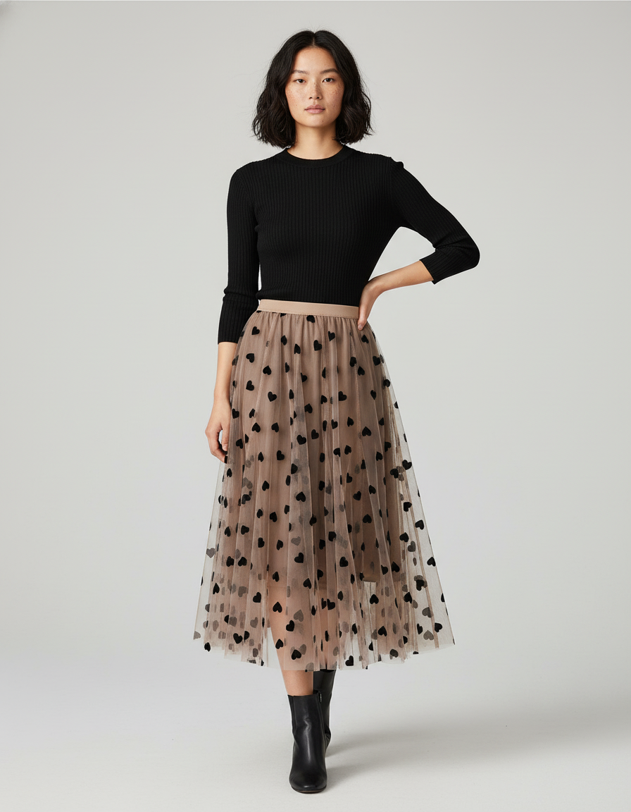 Jupe Longue Tulle Cœurs Élégante Romantique