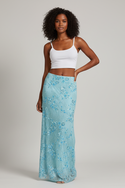 Jupe Longue Bleue Sequins Élégante