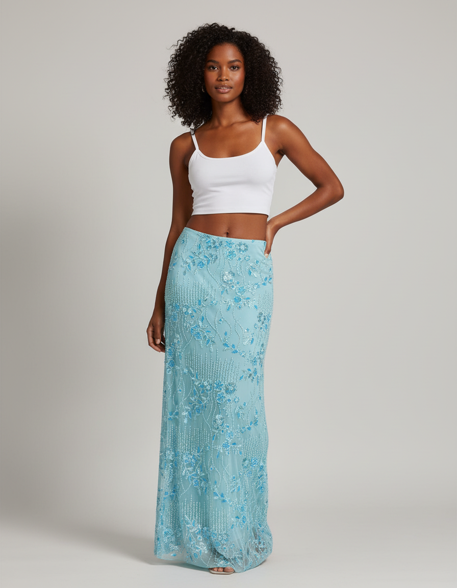 Jupe Longue Bleue Sequins Élégante