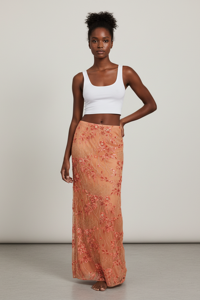 Jupe Longue Corail Brodée Élégante