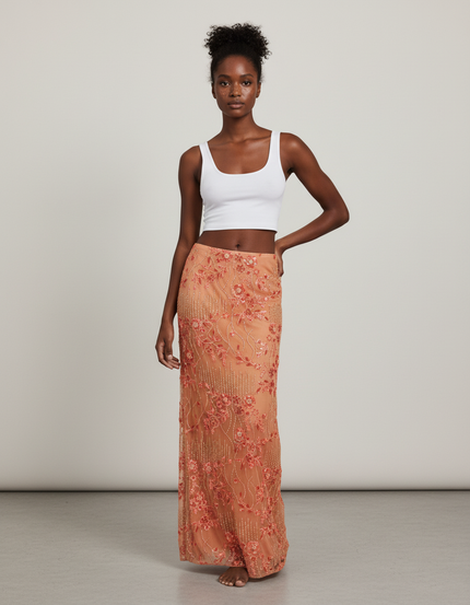 Jupe Longue Corail Brodée Élégante