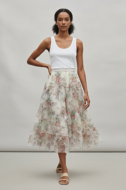 Jupe Longue Florale Élégante À Volants
