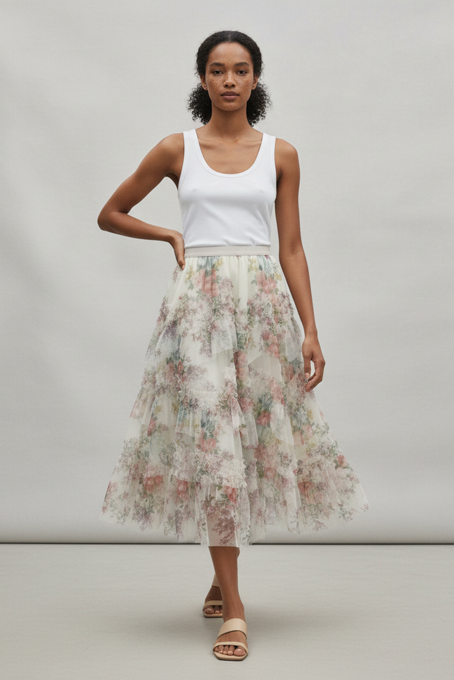 Jupe Longue Florale Élégante À Volants