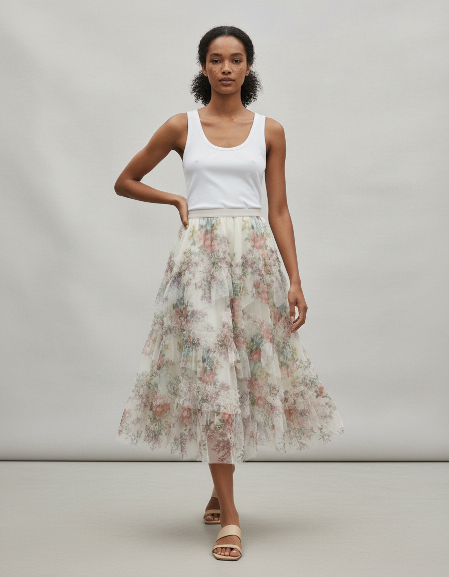 Jupe Longue Florale Élégante À Volants